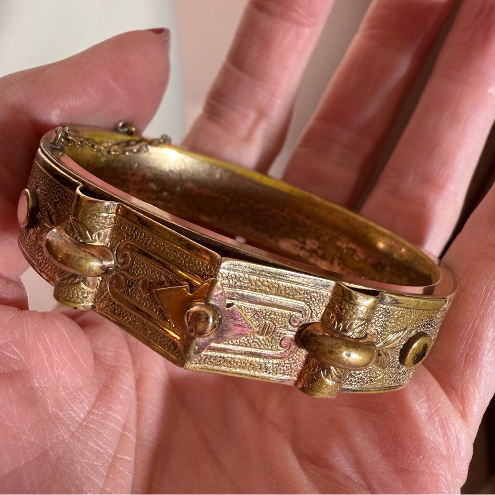 Antique Victorian B&B Rose Gold filled Floral Etched Belt Bangle Bracelet